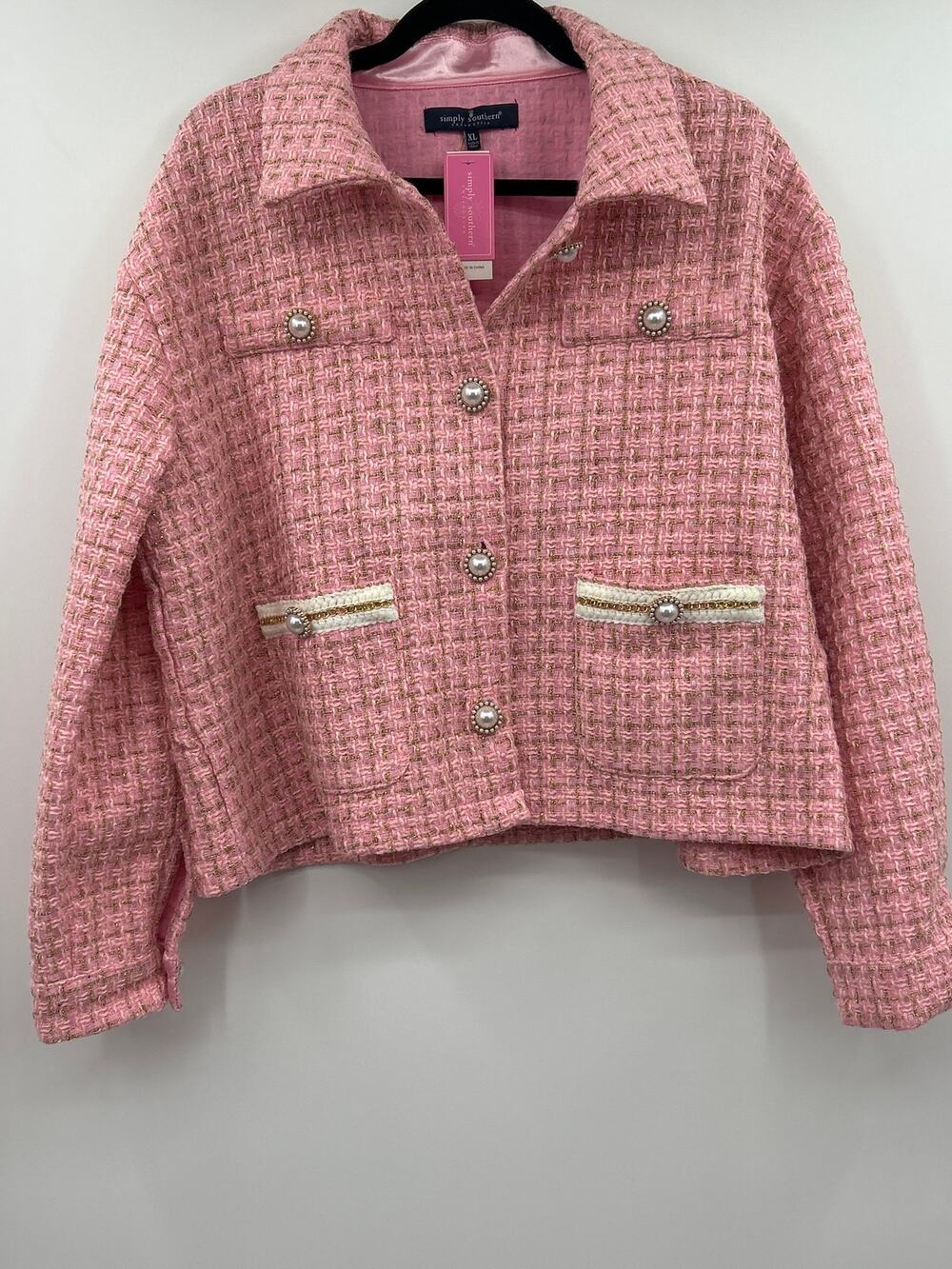 Simply Southern NWT XL Tweed Bouclé Jacket Pearl Button Cropped Blazer Preppy